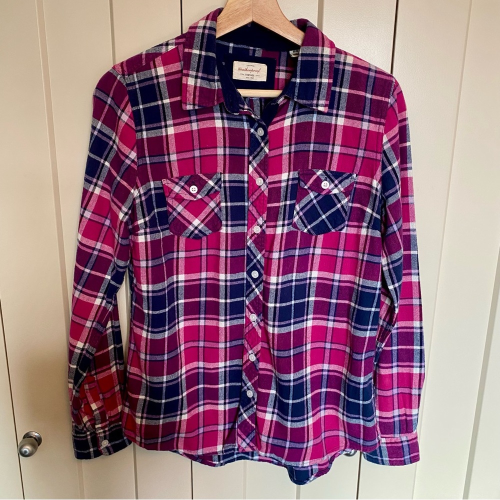Weatherproof Women's Plaid Button-Down Shirt in Pink and Navy-Size M